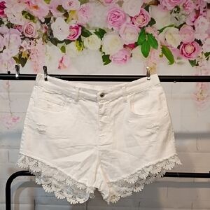 Madden Girl White Jean Shorts with Lace and Distressed Details
